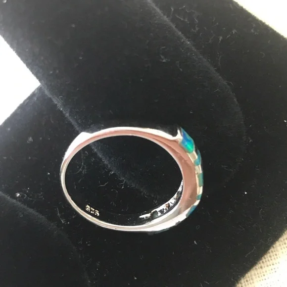 Blue lab Opals Silver 925 Band Ring Lovely  7 3/4 - Picture 5 of 6